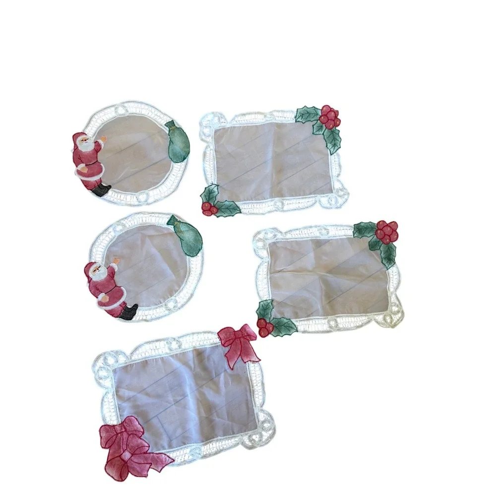 Vintage unique Holiday theme doily bundle‎ of 5 embroidered color pop